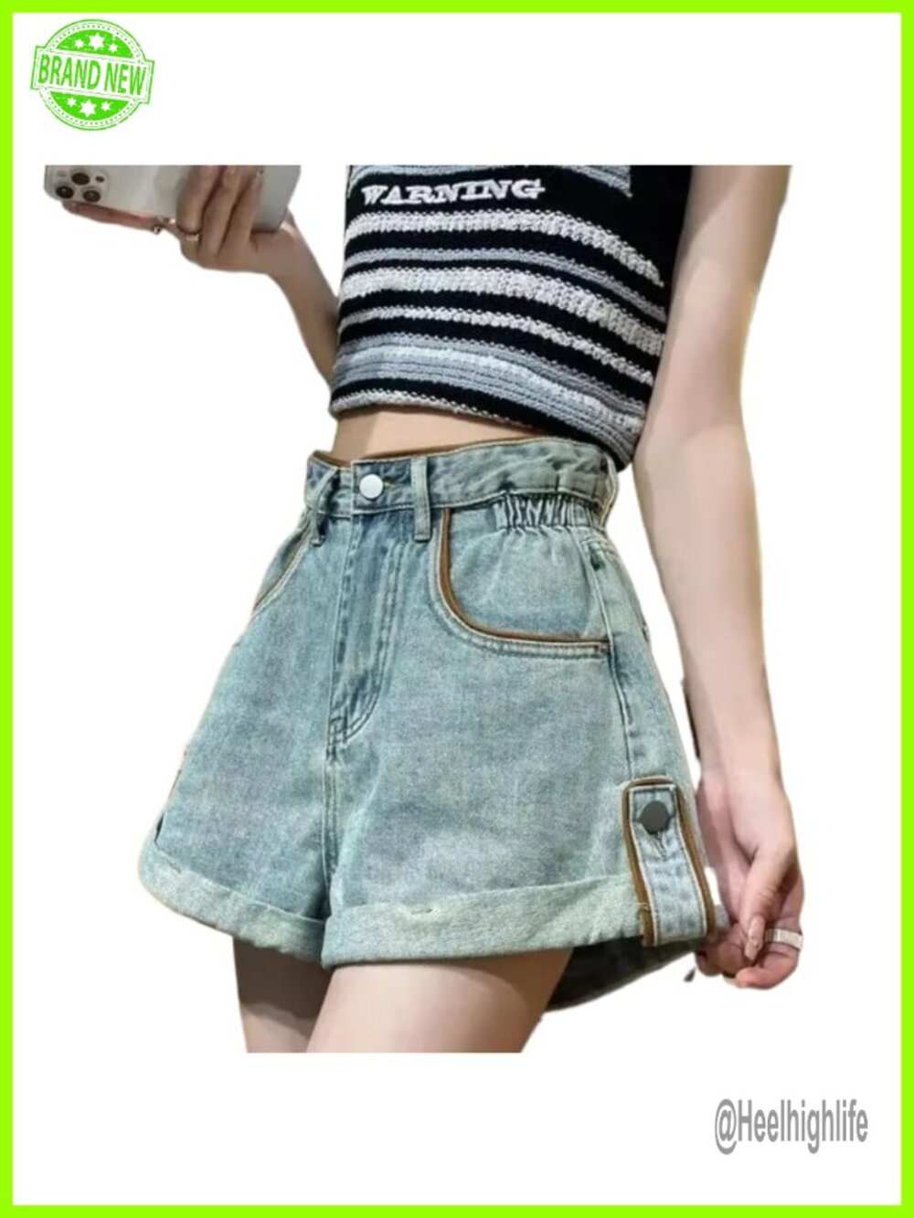 High Waisted Denim Shorts Loose Fit Rolled Hem with PU Leather Belt